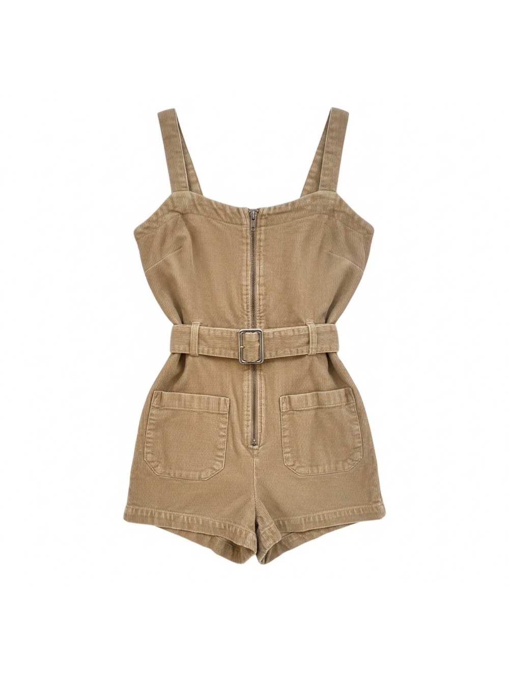 Cotton Candy LA Women's Small Tan Corduroy Romper with Belt and Front Zipper